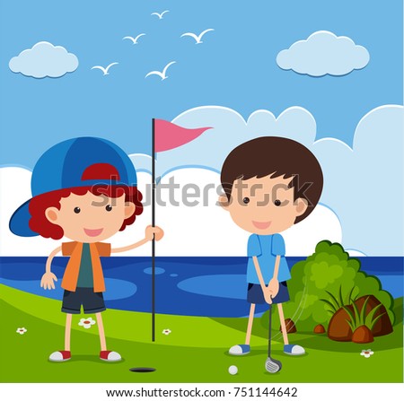 Two boys playing golf in the field illustration