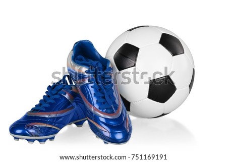Blue and White Football shoes and Soccer Ball, Isolated