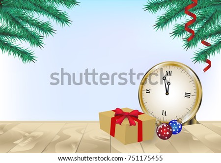 Pine tree with gift box and Christmas decoration on wooden background