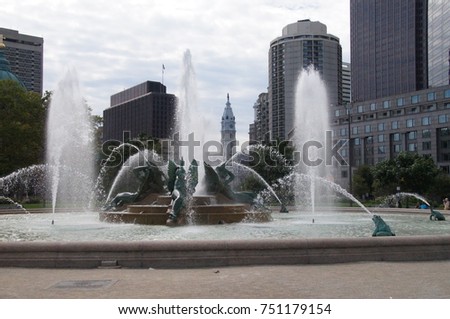 Philadelphia City Hall behind a Fountain