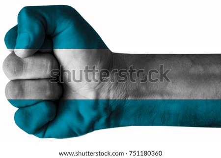 Fist painted in colors of El salvador flag, fist flag, country of El salvador