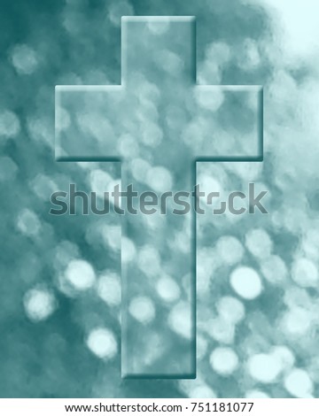 photo of out of focus lights with  bokeh effect and beveled cross overlay added, turquoise 