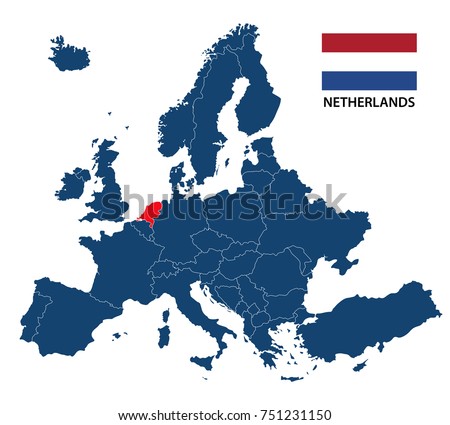 Vector illustration of a map of Europe with highlighted Netherlands and Dutch flag isolated on a white background