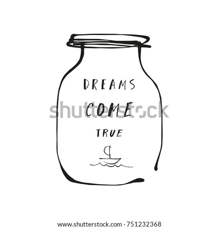 Vector card, cute, ship, font, letters, inscription, yacht, wishes, gift, cute, line art, dream, magical, sketch, print.