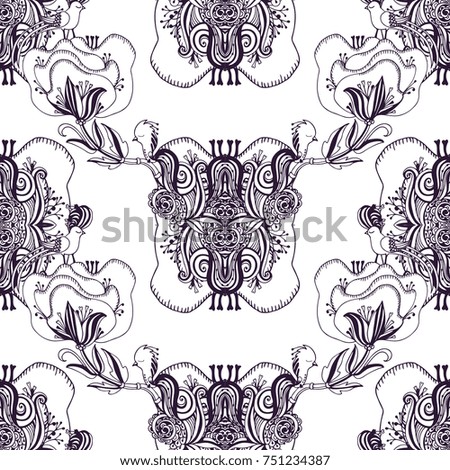 Seamless vector floral pattern with small decorative bird on white background