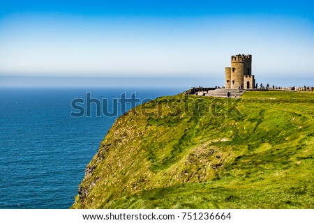 Ireland: O'Brien's Tower, marks the highest point of the Cliffs of Moher, on the western Atlantic Ocean coastline of Ireland Royalty-Free Stock Photo #751236664