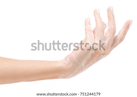 Soapy female hand foam on white background isolation