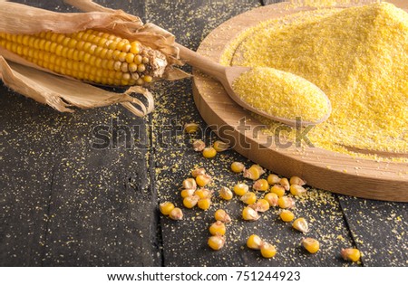 Corn cob and flour spread on table - Food ingredients theme image with a corn cob, grains and corn flour on a wooden trencher and spoon, on a rustic wooden table.