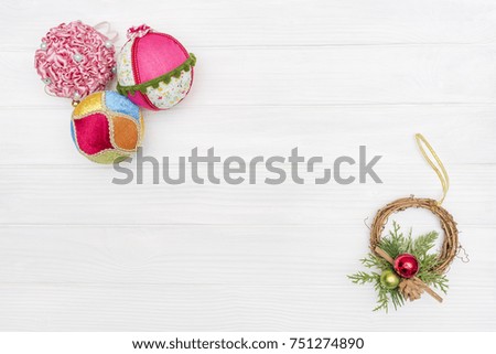 Christmas and new year decoration made of corner frame with New Year ornaments on a white background for post card gift. Copy space for text