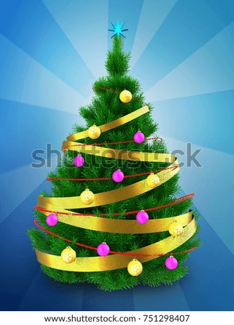 3d illustration of Christmas tree with golden ribbon over blue background