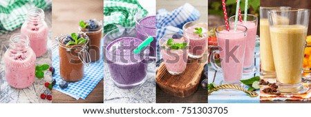 Set collage refreshing healthy drinks. Detox  smoothies from fruits and vegetables. High resolution banner.