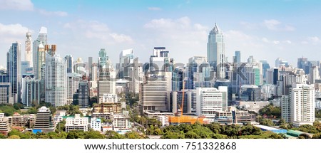 Bangkok Thailand towers and buildings cityscape in downtown.  High buildings and tall towers panorama. 