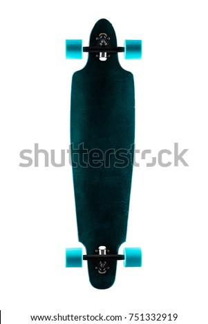 Photo of flat board longboards isolated on white background. Flat colorful longboards. Longboard skateboard set isolated on a white background.