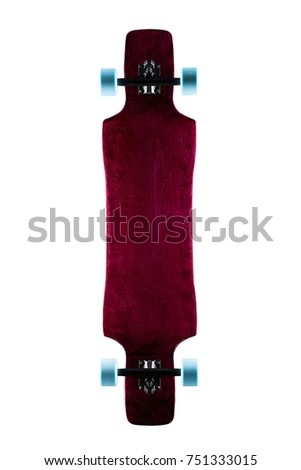 Photo of flat board longboards isolated on white background. Flat colorful longboards. Longboard skateboard set isolated on a white background.
