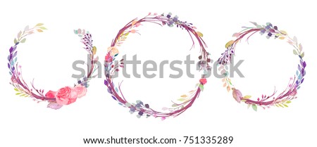 Set of watercolor flowers, leaves, branches, isolated on white. Sketched colorful wreath,groups, garland for romantic wedding, valentines day design. Handdrawn Vector, imitation of Watercolour style.