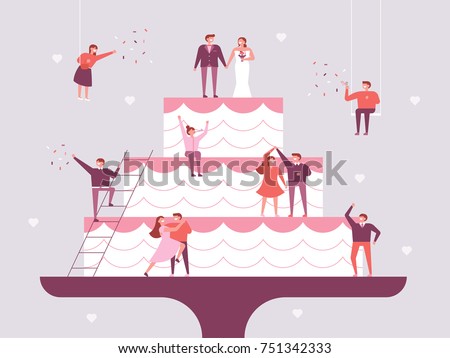 Giant wedding cake and small people character poster concept vector illustration flat design
