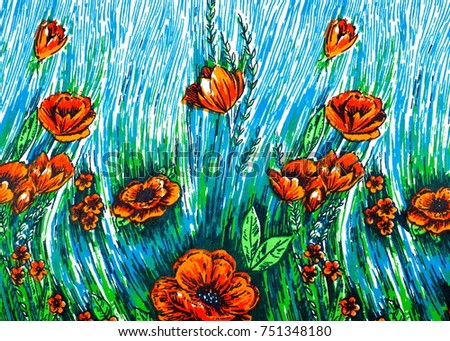silk texture, background, painted flowers poppy