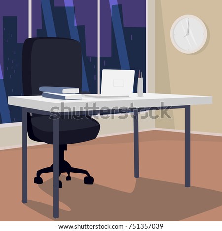 Interior of evening workplace with view of city, office in metropolis. White laptop on desk, next to armchair. Three quarter view. Simplistic realistic comic art style. Vector illustration