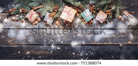 Holiday Banner Boxes Gifts Christmas Natural Green Fir Spruce on Dark Wooden Planks Vintage Background Happy New Year Greeting Card Winter Copy Space for Text. Drawing Snowfall