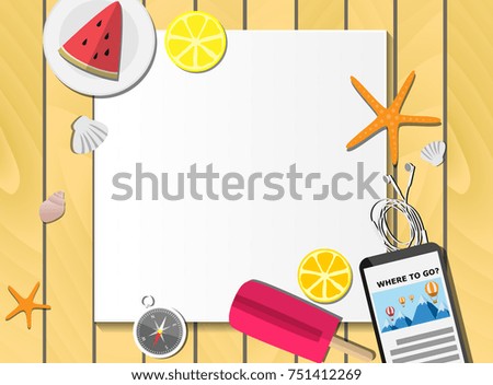Above top view of wooden table with empty paper for text and stuff as a frame - mobile phone, ice cream, lemon, water melon, star fish, compass, and sea shell