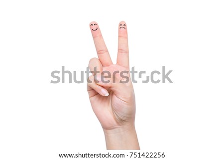Hand showing peace sign or victory and v sign isolated on white background. Symbolic of smile and angry face in two finger concept. Cut out