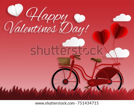 Valentine's day background of red bicycle with a couple of red heart shape balloons on grass and pink sky with clouds background with Happy Valentines Day text. Vector illustration.