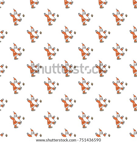 Christmas seamless pattern with dancing Santa Claus kicking cone. Beautiful vector background for decoration xmas designs. Cute minimalistic art elements on white backdrop.