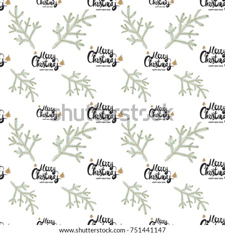 Christmas seamless pattern with Merry Christmas lettering and big fir twig. Beautiful vector background for decoration xmas designs. Cute minimalistic art elements on white backdrop.