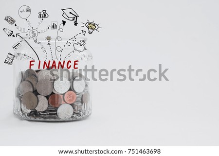 coins in glass Jar with finance  doodles, White background with copy space
