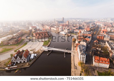 Aerial view of the old town of Gdansk in misty morning