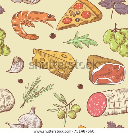 Italian Food Seamless Pattern. Hand Drawn Traditional Italy Dishes Background with Pizza, Cheese and Grape. Vector illustration