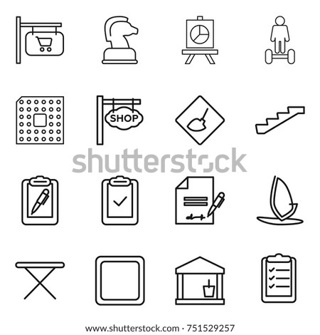 thin line icon set : shop signboard, chess horse, presentation, hoverboard, cpu, under construction, stairs, clipboard pen, check, inventory, windsurfing, iron board, cutting, utility room, list