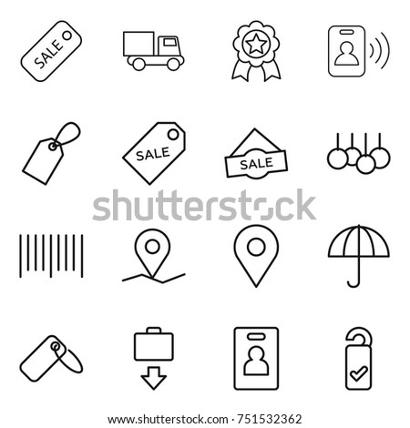 thin line icon set : sale, truck, medal, pass card, label, bar code, geo pin, dry cargo, baggage get, identity, please clean