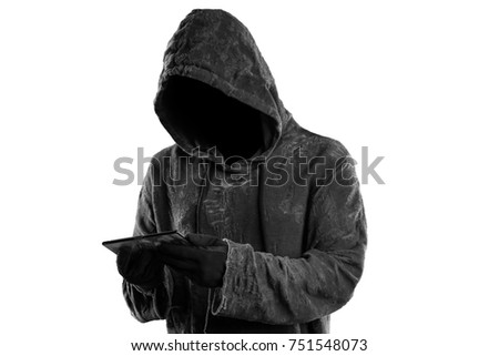Hacker holding smartphone. Dark face. Isolated on white background