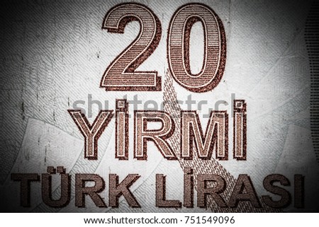 Close up macro detail of turkish lira money banknotes. Toned.