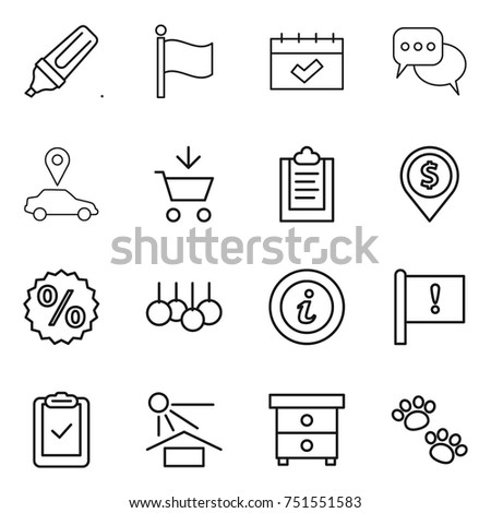 thin line icon set : marker, flag, calendar, discussion, car pointer, add to cart, clipboard, dollar pin, percent, sale, info, important, check, sun potection, nightstand, pets