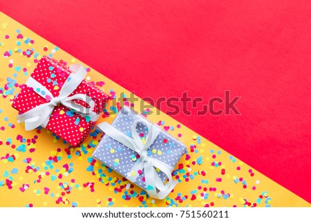 Celebration,party backgrounds concepts ideas with colorful gift box present in dot pattern design with confetti.Flat lay design template