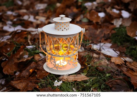 Decorative white lantern with burning candle in autumn park at evening.