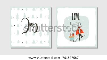 Hand drawn vector abstract fun Merry Christmas time cartoon cards collection set with cute illustrations,surprise gift boxes ,Christmas trees and modern calligraphy isolated on white background.