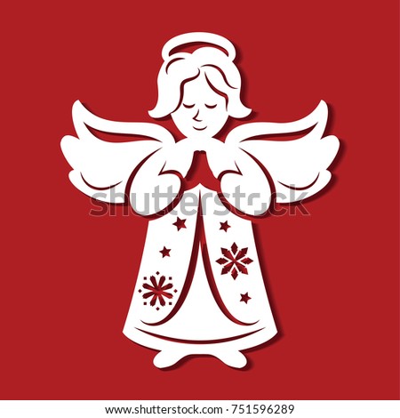 White Christmas Angel on the red background. Silhouette of Angel may use for card, laser.  cutting, plotter cutting. Simple drawing for wood carving, printing
