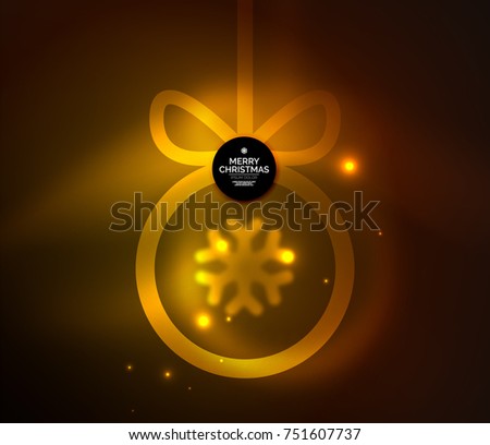 Christmas baubles, vector magic dark background with glowing New Year spheres. Holiday Christmas template, yellow and orange colors