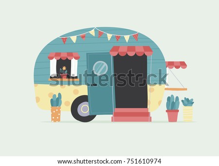 Vector illustration of colorful vintage camper with succulent planters outside