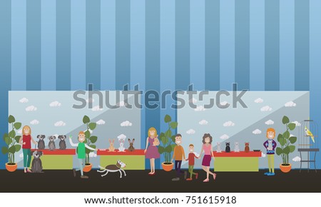 Purebred pet exhibition vector illustration. Dog, cat and domestic rabbit show. Flat style design.