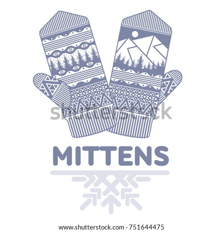 Winter mittens illustrations in soft vintage colors. Mittens logo templates with the image of mountains and pine. Vector illustrations isolated on white background.