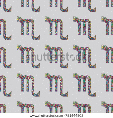 Scorpio zodiac sign seamless pattern. Horoscope magic symbol background. Hand drawn astrological colorful vector texture for wallpaper, wrapping, textile design, surface texture, fabric.