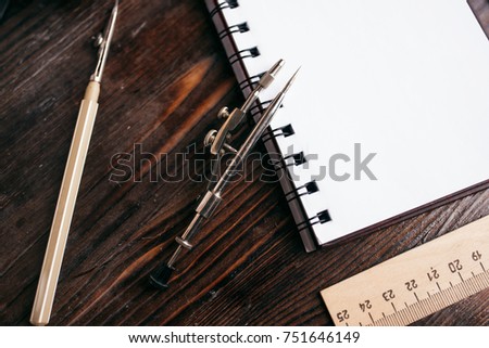 Drawing lesson, compasses, ruler, notebook