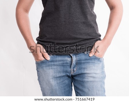 Fashion portrait woman wearing jeans with gray Shirt isolated on white