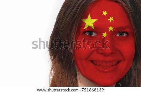 Flag of the China on the face of a woman, isolated on white background.