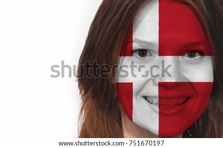 Flag of the Denmark on the face of a woman, isolated on white background.