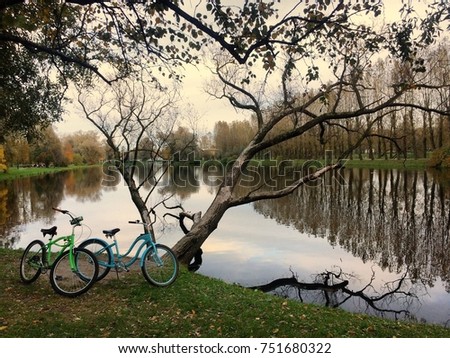 Blue and green touring bicycles. Cruisers. Two colorful bicycles near the river.  Two creative bikes and a big tree without leaves. Parking bikes near the lake. 